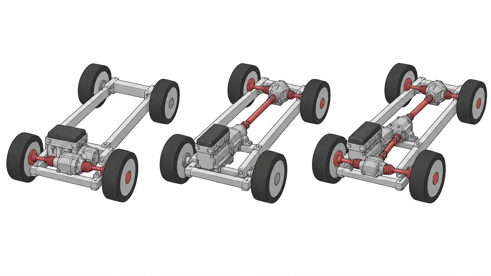 前輪駆動、後輪駆動、四輪駆動の三種類の車台を並べた挿絵