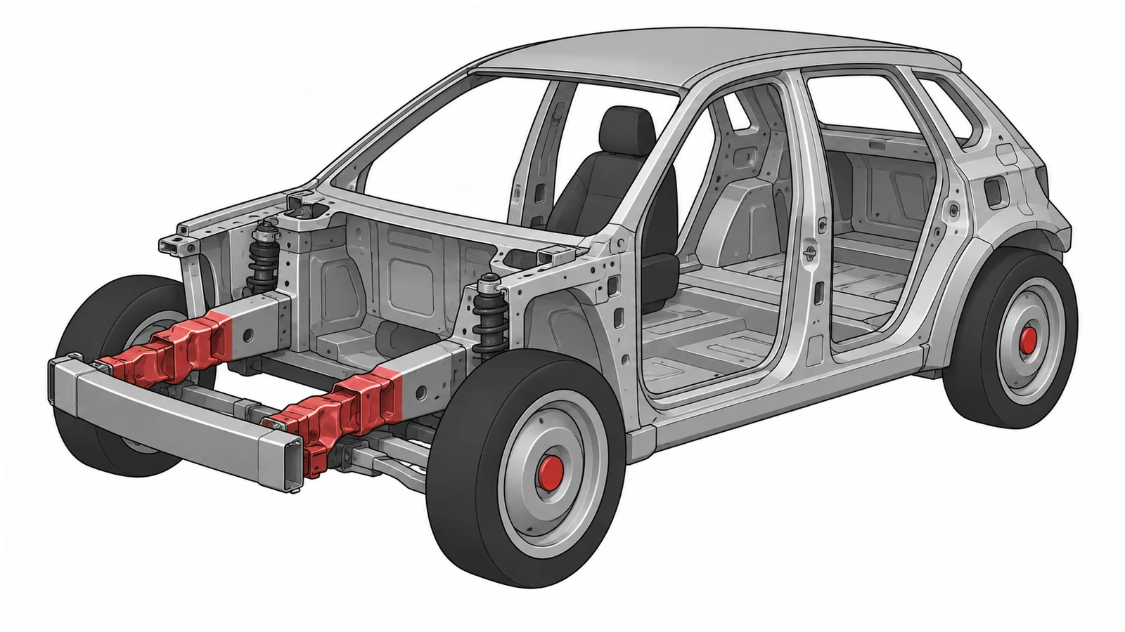 衝撃を吸収する前部構造と乗員空間を備えた車体骨格の挿絵